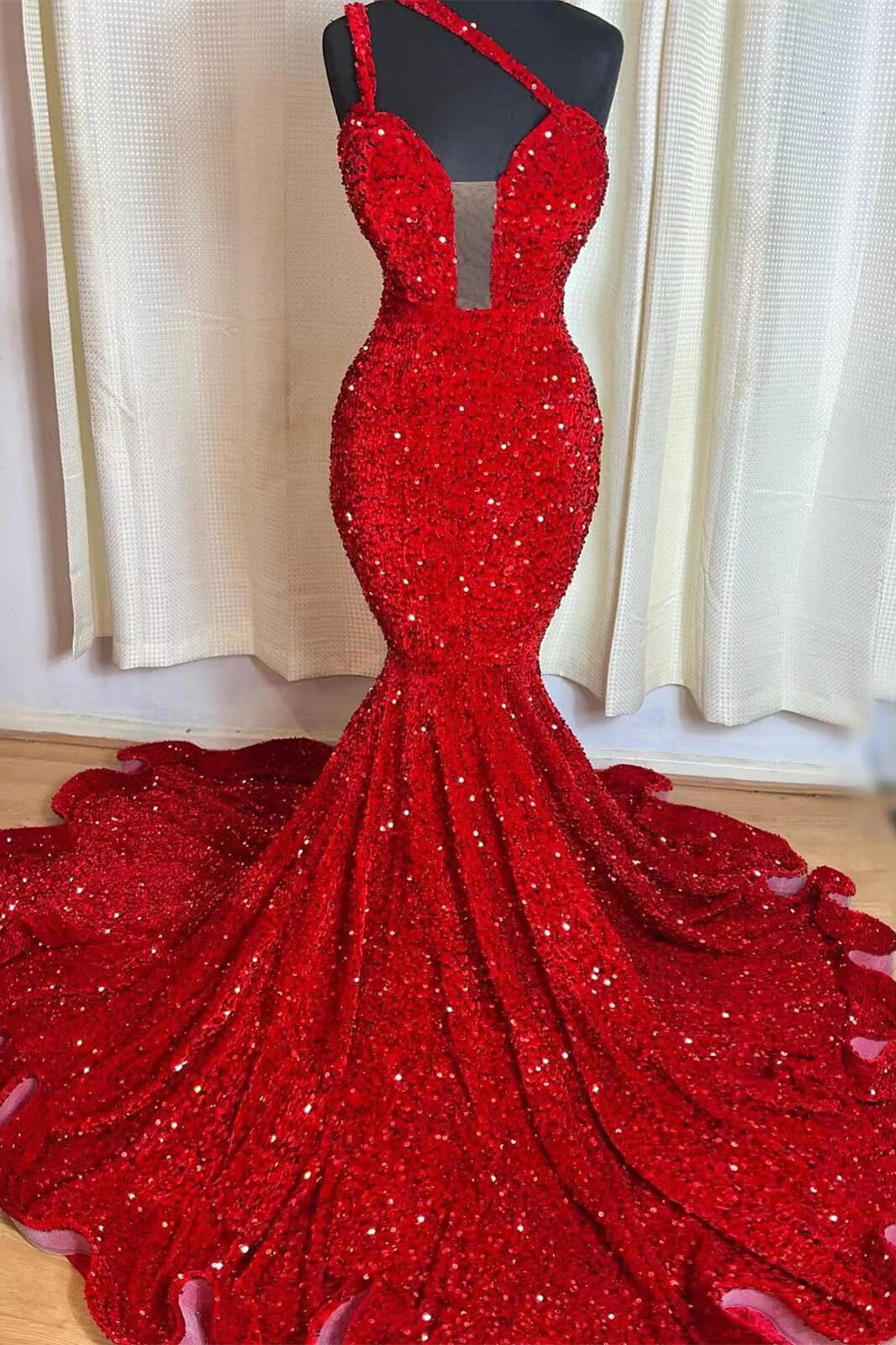 Elegant Red Mermaid Prom Dress with Sweetheart Sequins-BallBride