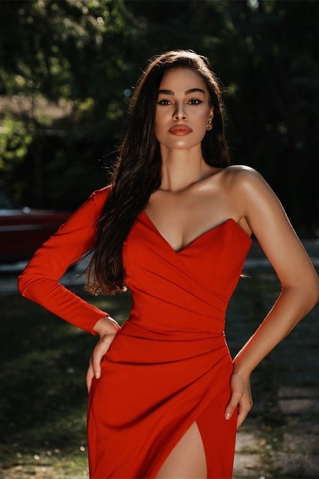 Elegant Red One Shoulder Mermaid Prom Dress with Slit-BallBride