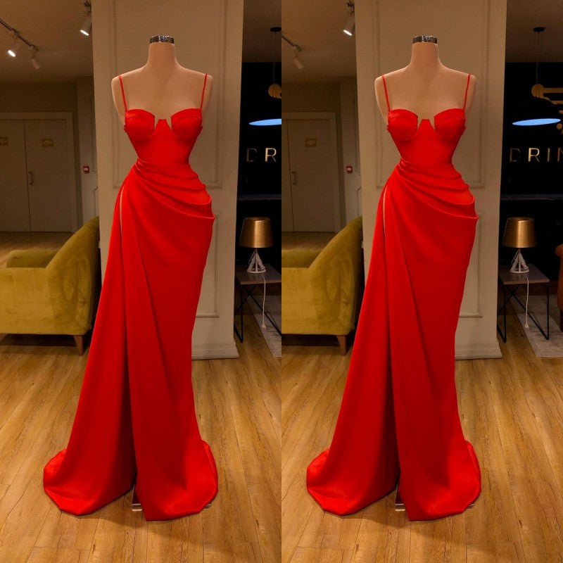 Elegant Red Spaghetti Strap Sheath Side Slit Prom Dress-BallBride