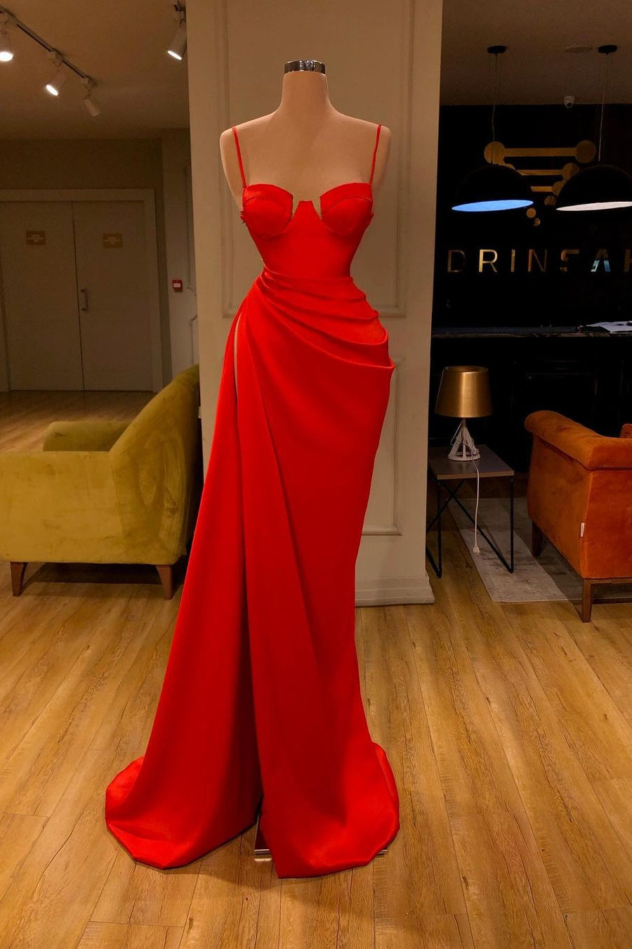Elegant Red Spaghetti Strap Sheath Side Slit Prom Dress-BallBride