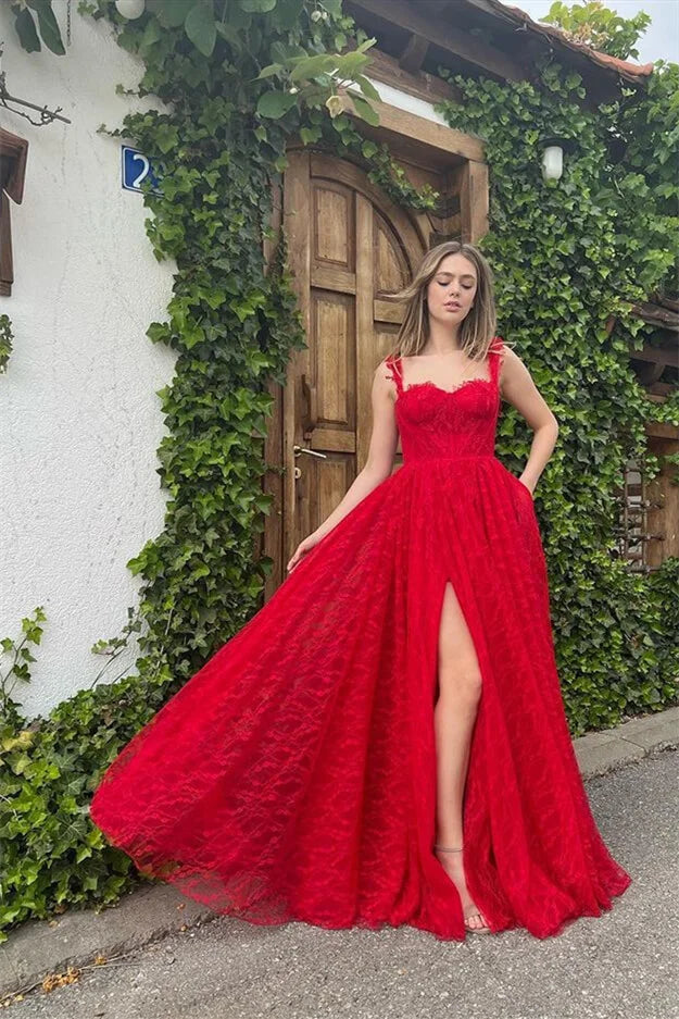 Elegant Red Straps Lace Evening Dress Long A-Line With Slit-BallBride