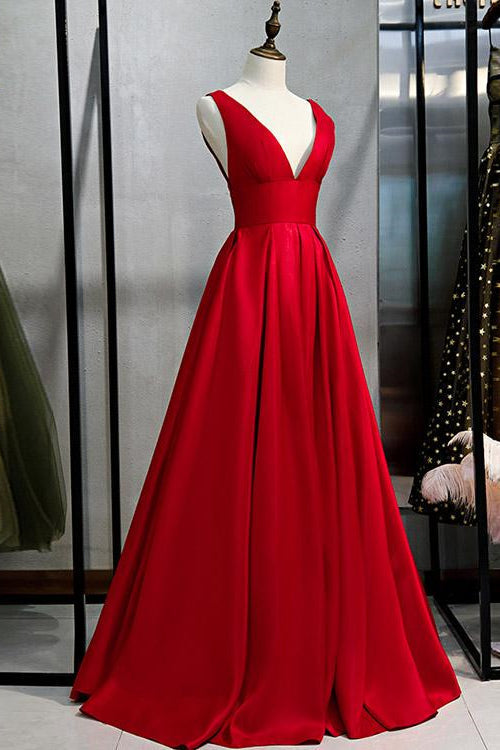 Elegant Red V-neck A-Line Prom Dress with Sleeveless - Shop Online-BallBride