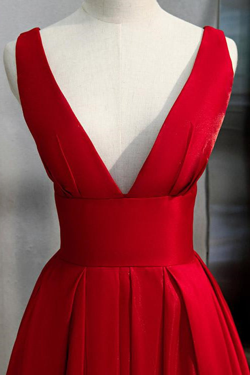 Elegant Red V-neck A-Line Prom Dress with Sleeveless - Shop Online-BallBride