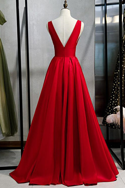 Elegant Red V-neck A-Line Prom Dress with Sleeveless - Shop Online-BallBride