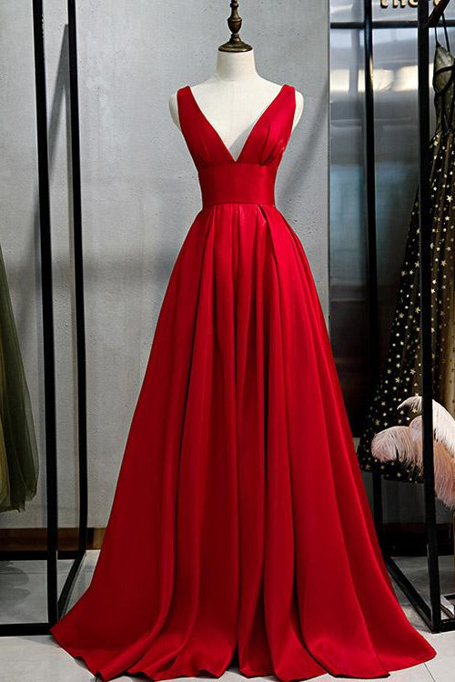 Elegant Red V-neck A-Line Prom Dress with Sleeveless - Shop Online-BallBride