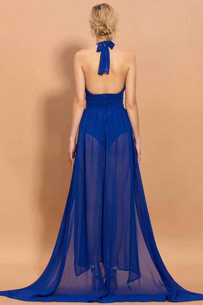 Elegant Royal Blue Halter Prom Dress - Long Chiffon Evening Party Dress With Slit-BallBride
