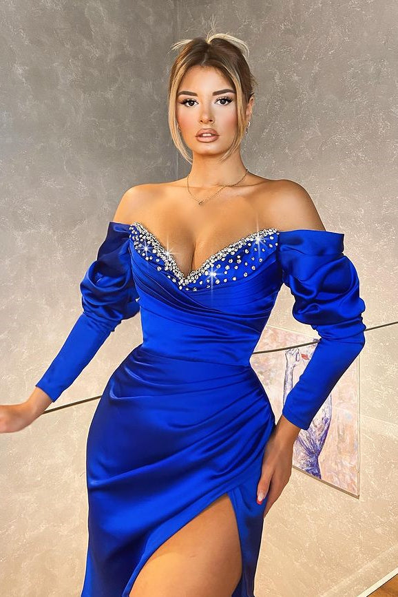 Elegant Royal Blue Long Sleeves Mermaid Evening Dress With Slit-BallBride