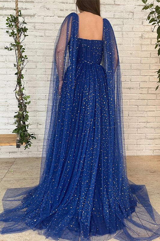 Elegant Royal Blue Tulle Long Evening Dress with Beads and Ruffles-BallBride