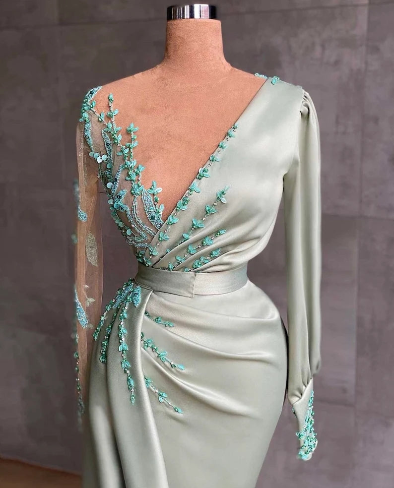 Elegant Sage Mermaid Evening Dress With Long Sleeves Appliques-BallBride
