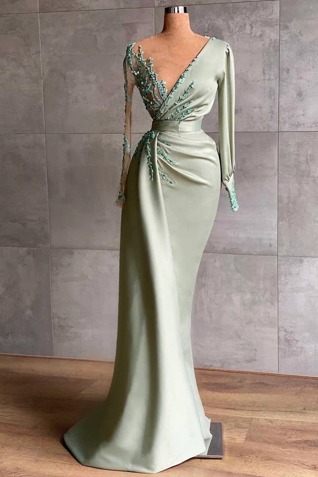 Elegant Sage Mermaid Evening Dress With Long Sleeves Appliques-BallBride