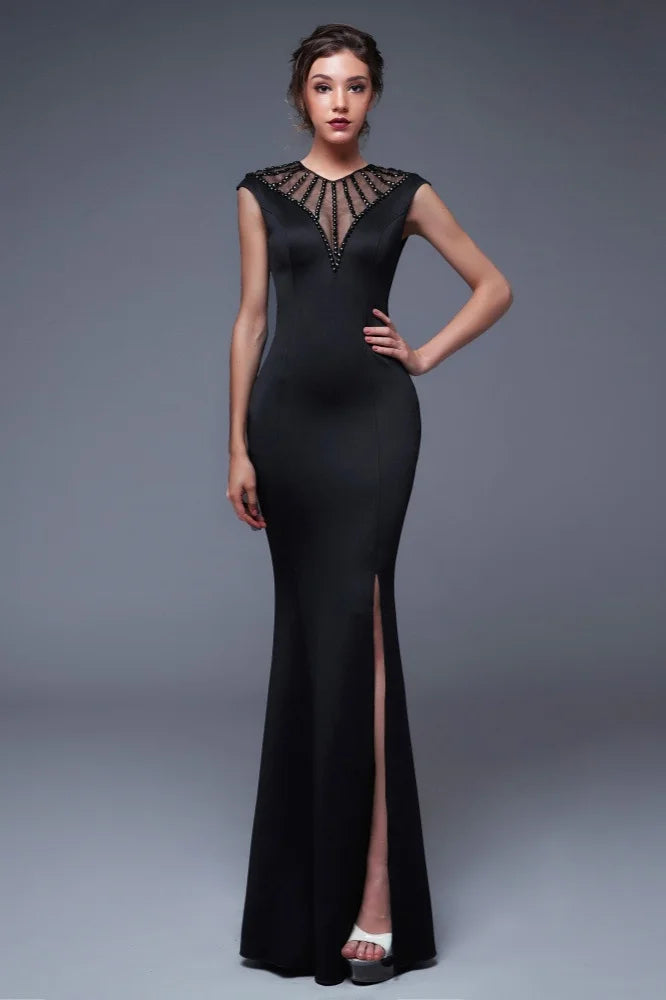 Elegant Scoop Mermaid Evening Gowns Long Split Prom Dress With Beadings-BallBride
