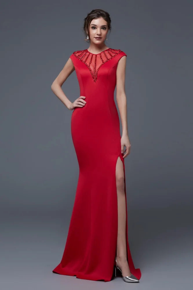 Elegant Scoop Mermaid Evening Gowns Long Split Prom Dress With Beadings-BallBride