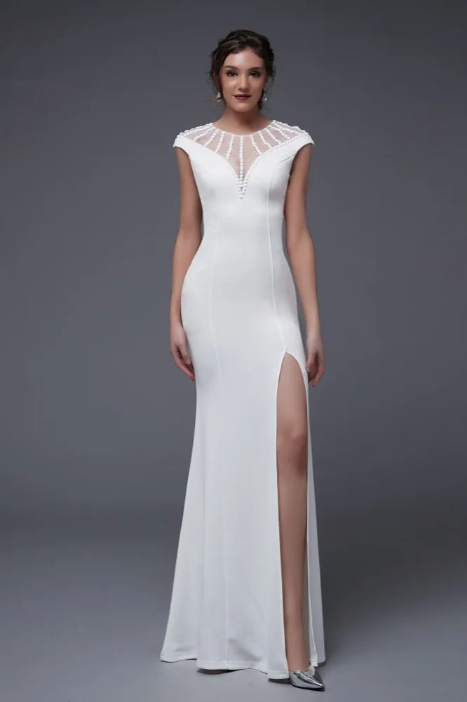 Elegant Scoop Mermaid Evening Gowns Long Split Prom Dress With Beadings-BallBride