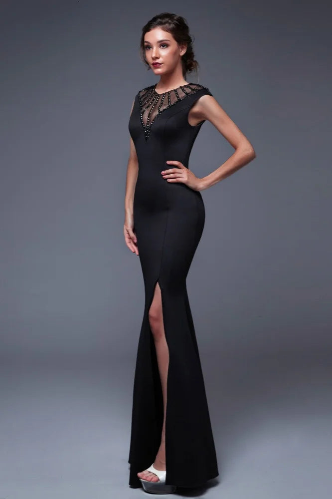 Elegant Scoop Mermaid Evening Gowns Long Split Prom Dress With Beadings-BallBride