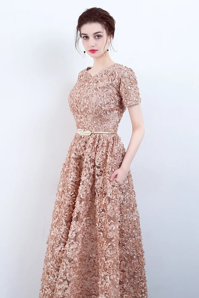 Elegant Short Or Long Sleeves Lace Evening Gowns Online Zipper Back With Belt-BallBride