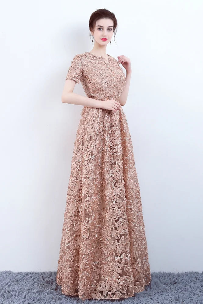 Elegant Short Or Long Sleeves Lace Evening Gowns Online Zipper Back With Belt-BallBride