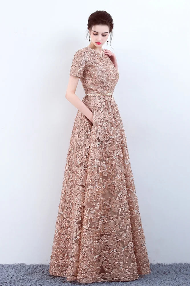 Elegant Short Or Long Sleeves Lace Evening Gowns Online Zipper Back With Belt-BallBride