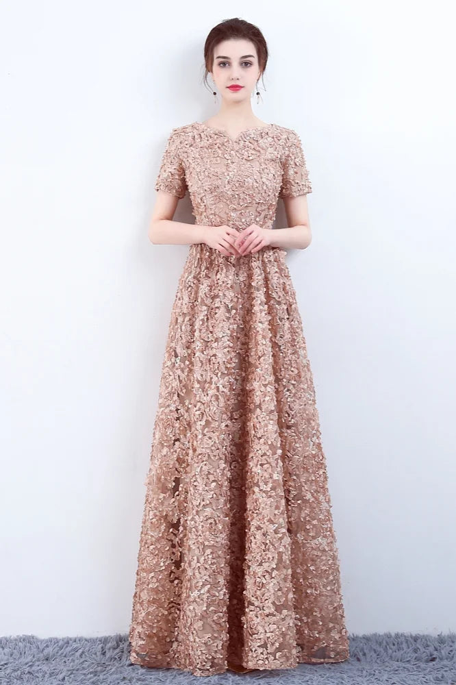 Elegant Short Or Long Sleeves Lace Evening Gowns Online Zipper Back With Belt-BallBride