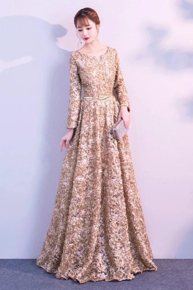 Elegant Short Or Long Sleeves Lace Evening Gowns Online Zipper Back With Belt-BallBride