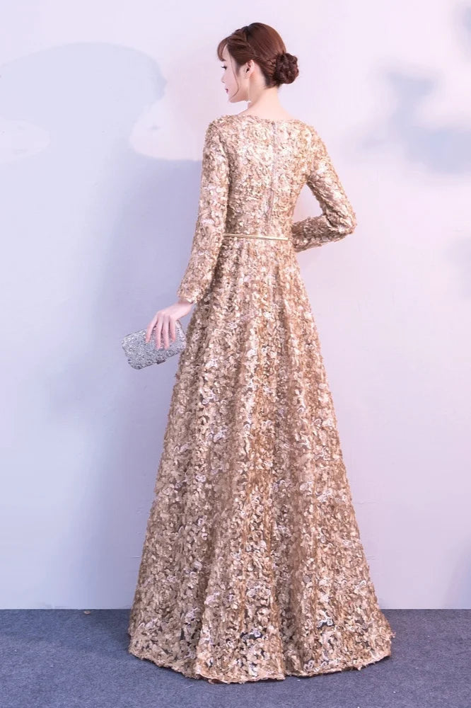 Elegant Short Or Long Sleeves Lace Evening Gowns Online Zipper Back With Belt-BallBride