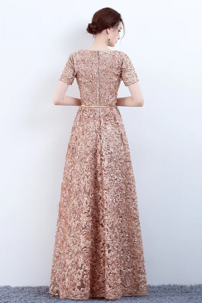 Elegant Short Or Long Sleeves Lace Evening Gowns Online Zipper Back With Belt-BallBride