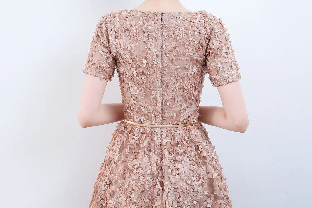 Elegant Short Or Long Sleeves Lace Evening Gowns Online Zipper Back With Belt-BallBride