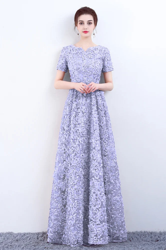 Elegant Short Or Long Sleeves Lace Evening Gowns Online Zipper Back With Belt-BallBride