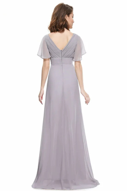 Elegant Short Sleeve Chiffon Evening Dress Ruffles Long Prom Gowns-BallBride