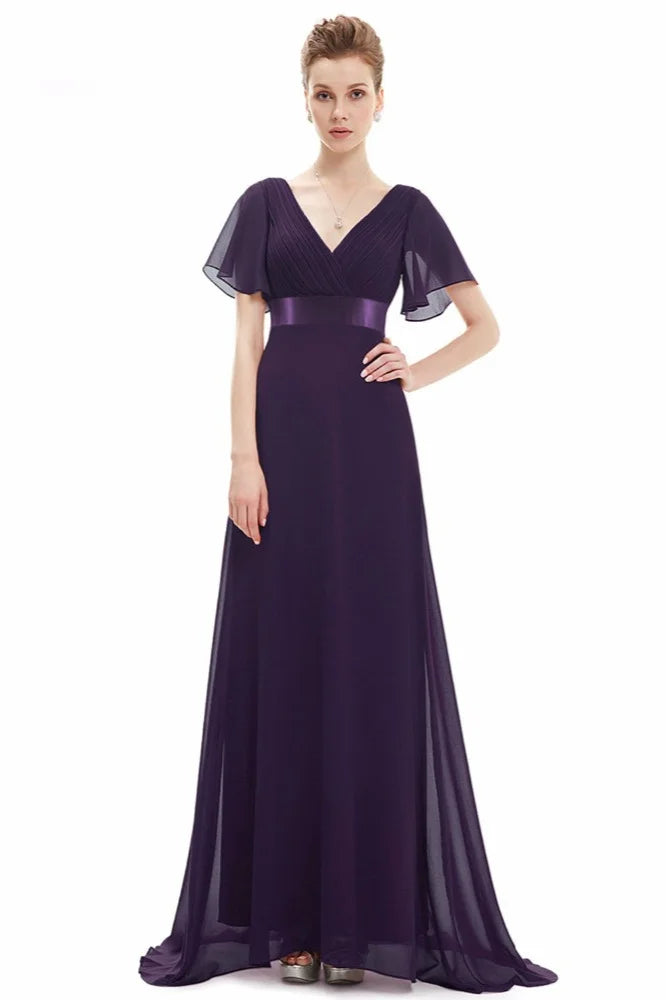 Elegant Short Sleeve Chiffon Evening Dress Ruffles Long Prom Gowns-BallBride