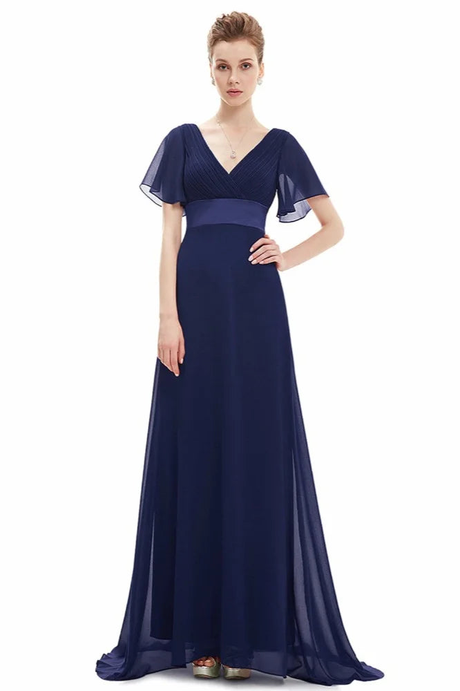 Elegant Short Sleeve Chiffon Evening Dress Ruffles Long Prom Gowns-BallBride