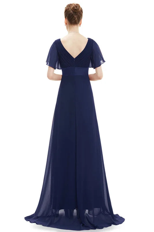 Elegant Short Sleeve Chiffon Evening Dress Ruffles Long Prom Gowns-BallBride