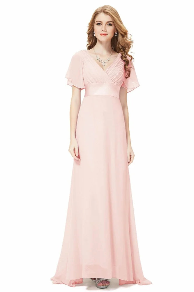 Elegant Short Sleeve Chiffon Evening Dress Ruffles Long Prom Gowns-BallBride
