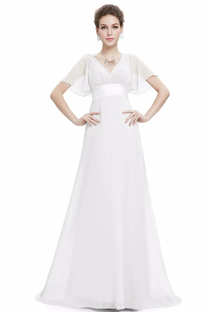 Elegant Short Sleeve Chiffon Evening Dress Ruffles Long Prom Gowns-BallBride