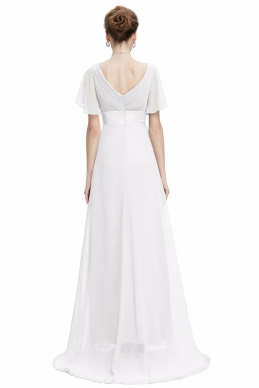 Elegant Short Sleeve Chiffon Evening Dress Ruffles Long Prom Gowns-BallBride