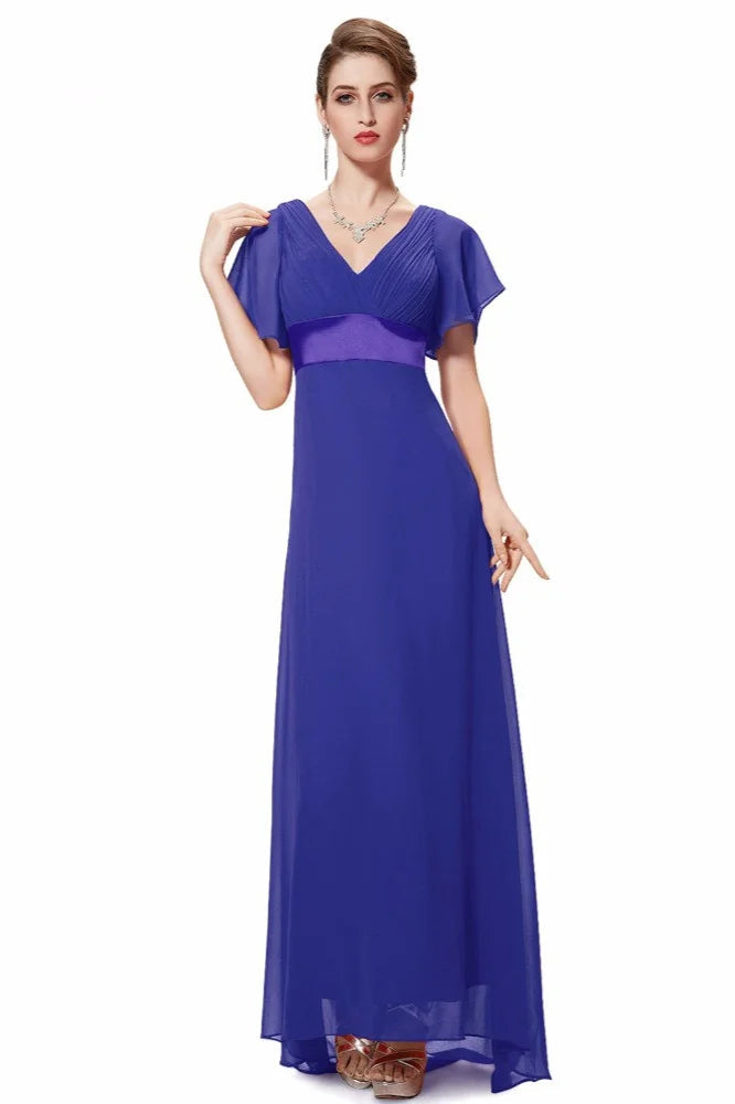 Elegant Short Sleeve Chiffon Evening Dress Ruffles Long Prom Gowns-BallBride