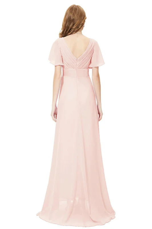 Elegant Short Sleeve Chiffon Evening Dress Ruffles Long Prom Gowns-BallBride