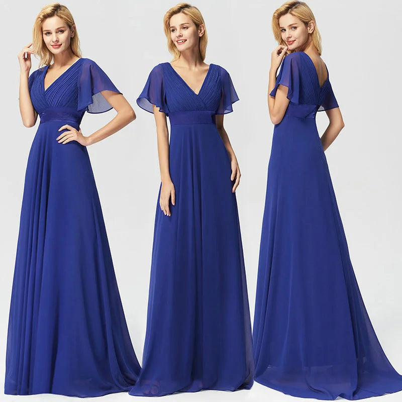Elegant Short Sleeve Chiffon Evening Dress Ruffles Long Prom Gowns-BallBride