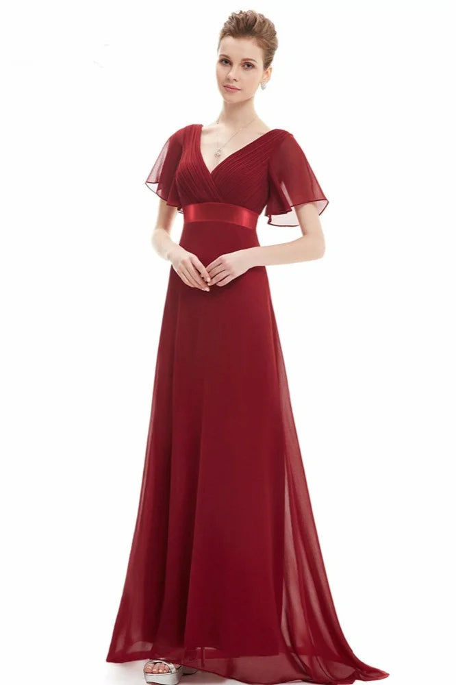 Elegant Short Sleeve Chiffon Evening Dress Ruffles Long Prom Gowns-BallBride