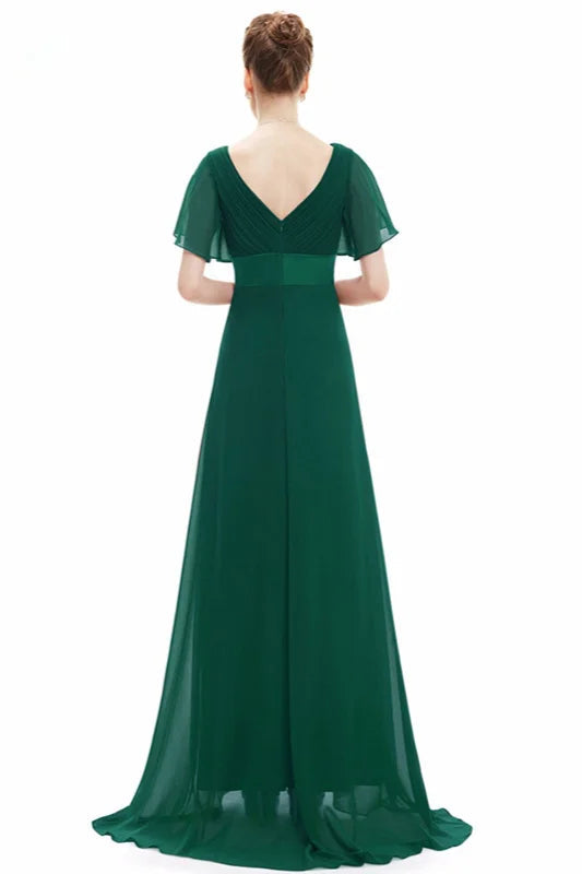 Elegant Short Sleeve Chiffon Evening Dress Ruffles Long Prom Gowns-BallBride