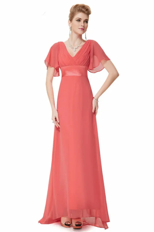 Elegant Short Sleeve Chiffon Evening Dress Ruffles Long Prom Gowns-BallBride