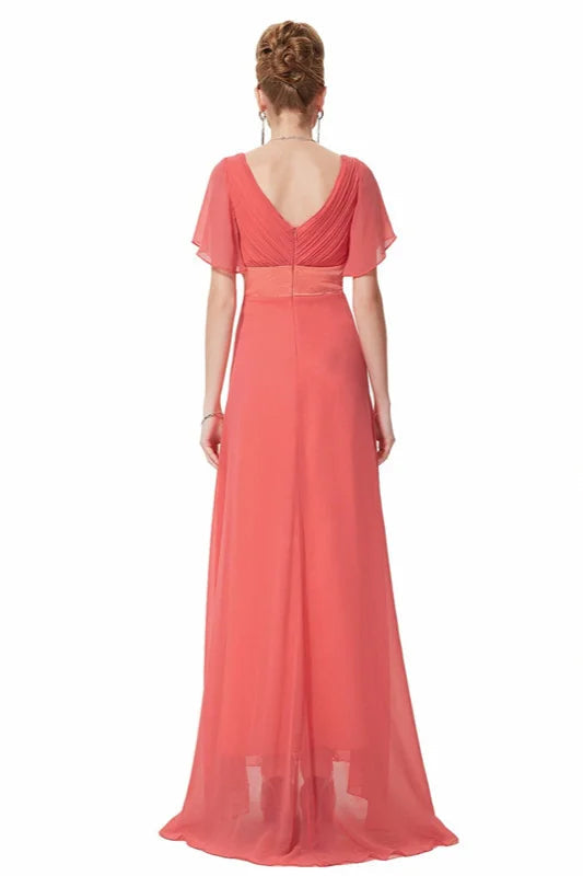 Elegant Short Sleeve Chiffon Evening Dress Ruffles Long Prom Gowns-BallBride