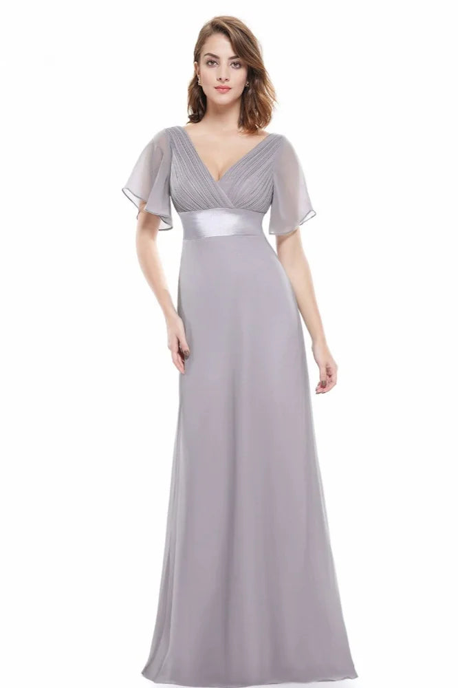 Elegant Short Sleeve Chiffon Evening Dress Ruffles Long Prom Gowns-BallBride