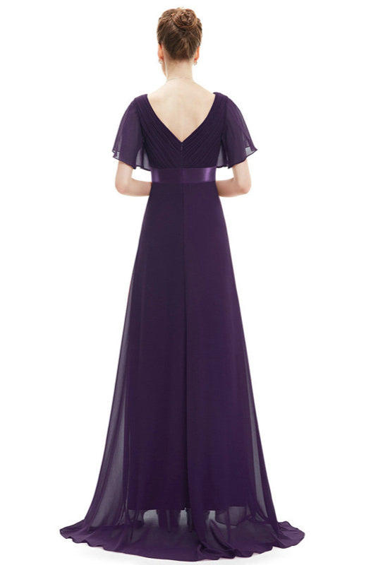 Elegant Short Sleeve Chiffon Evening Dress with Ruffles Long Prom Gowns-BallBride