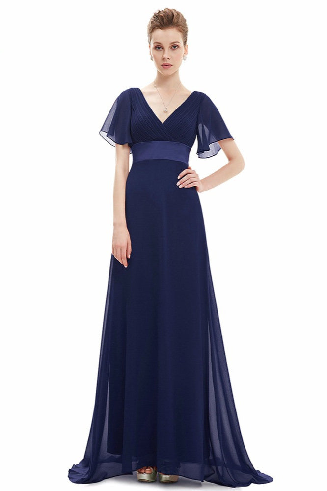 Elegant Short Sleeve Chiffon Evening Dress with Ruffles Long Prom Gowns-BallBride