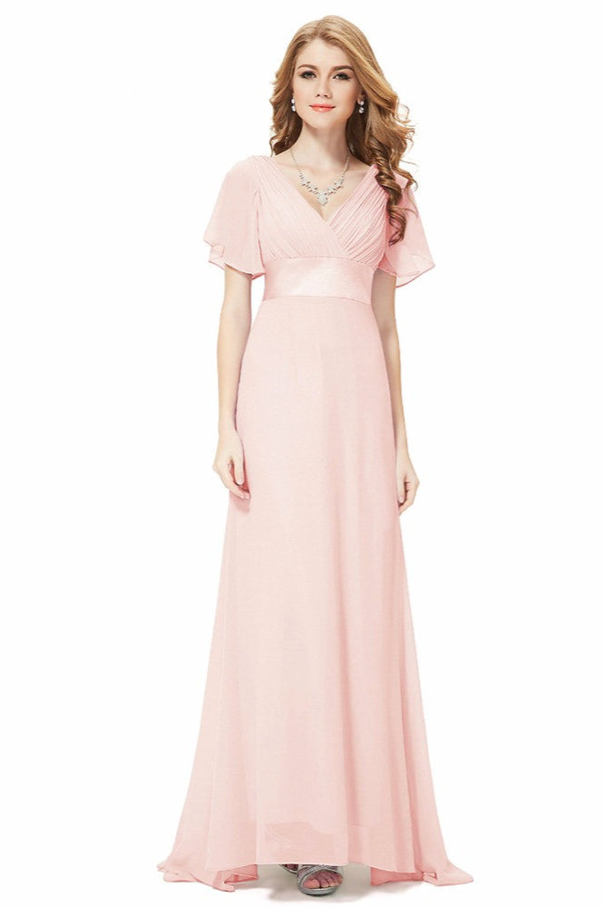 Elegant Short Sleeve Chiffon Evening Dress with Ruffles Long Prom Gowns-BallBride