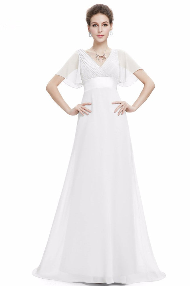 Elegant Short Sleeve Chiffon Evening Dress with Ruffles Long Prom Gowns-BallBride