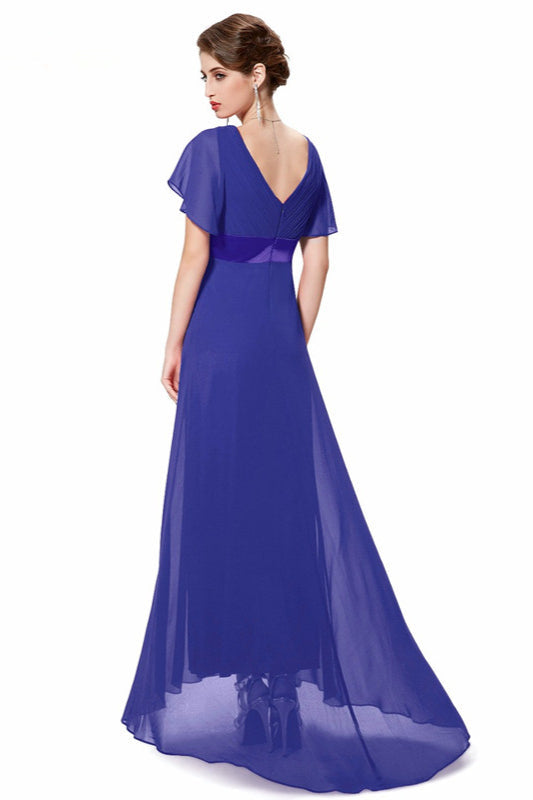 Elegant Short Sleeve Chiffon Evening Dress with Ruffles Long Prom Gowns-BallBride