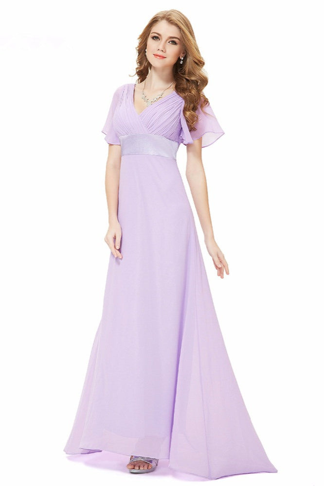 Elegant Short Sleeve Chiffon Evening Dress with Ruffles Long Prom Gowns-BallBride