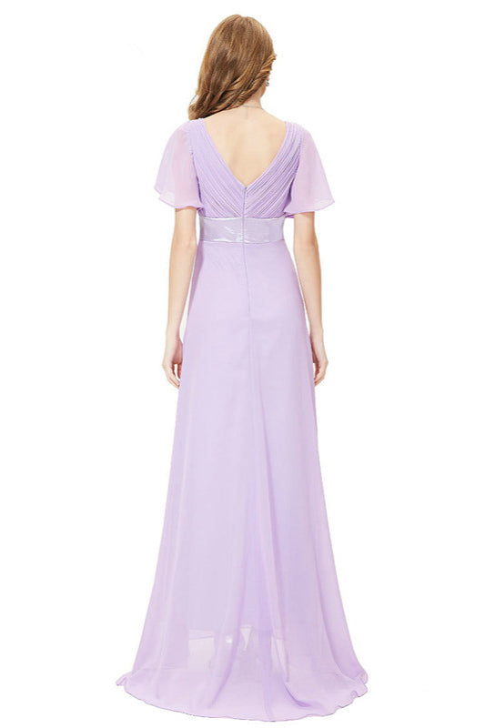 Elegant Short Sleeve Chiffon Evening Dress with Ruffles Long Prom Gowns-BallBride