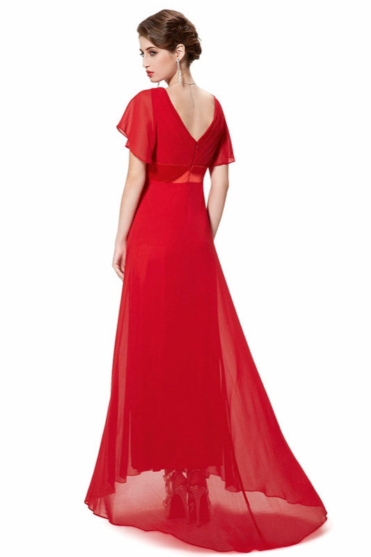 Elegant Short Sleeve Chiffon Evening Dress with Ruffles Long Prom Gowns-BallBride